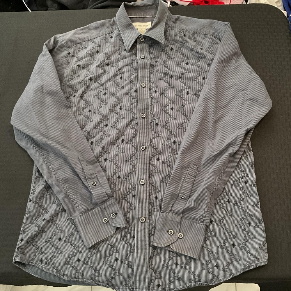 Pronto Uomo Shirt Mens Large Gray Striped Long Sleeve Button Up Embroidered